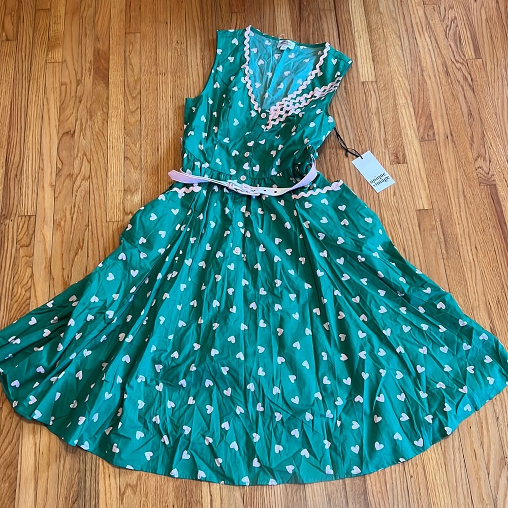 Unique Vintage Rockabilly green and pink heart print swing rockabilly dress